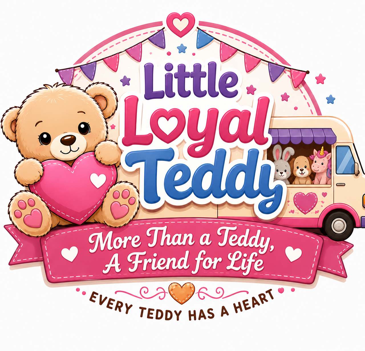 Little Loyal Teddy mascot holding a pink heart